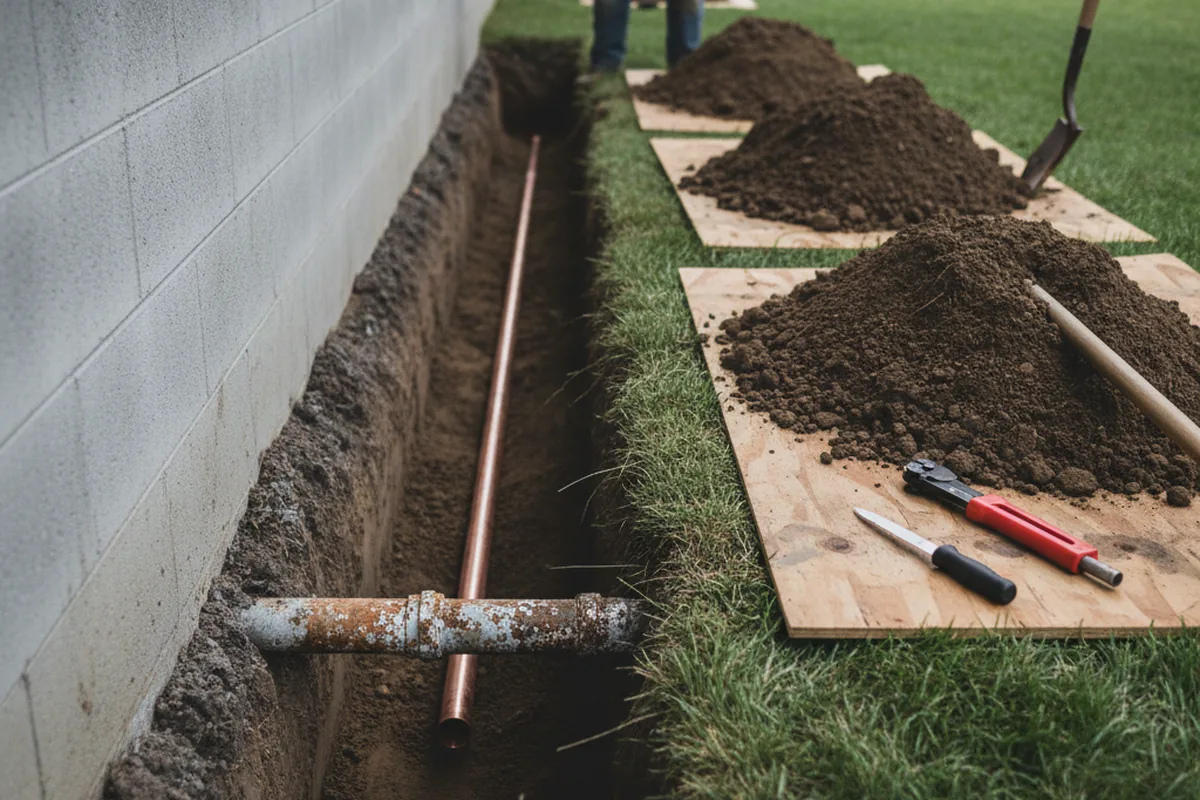 Excavated water line trench during Water Softener Installation in New Geneva